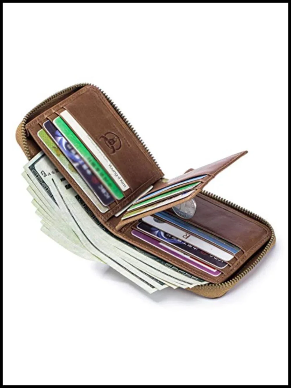 Genuine Leather RFID Blocking Zipper Bifold Wallet with Multiple Card Slots